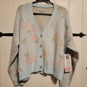 Celebrity Pink Cardigan Blue Feminine Floral Cozy Knit Size XXL